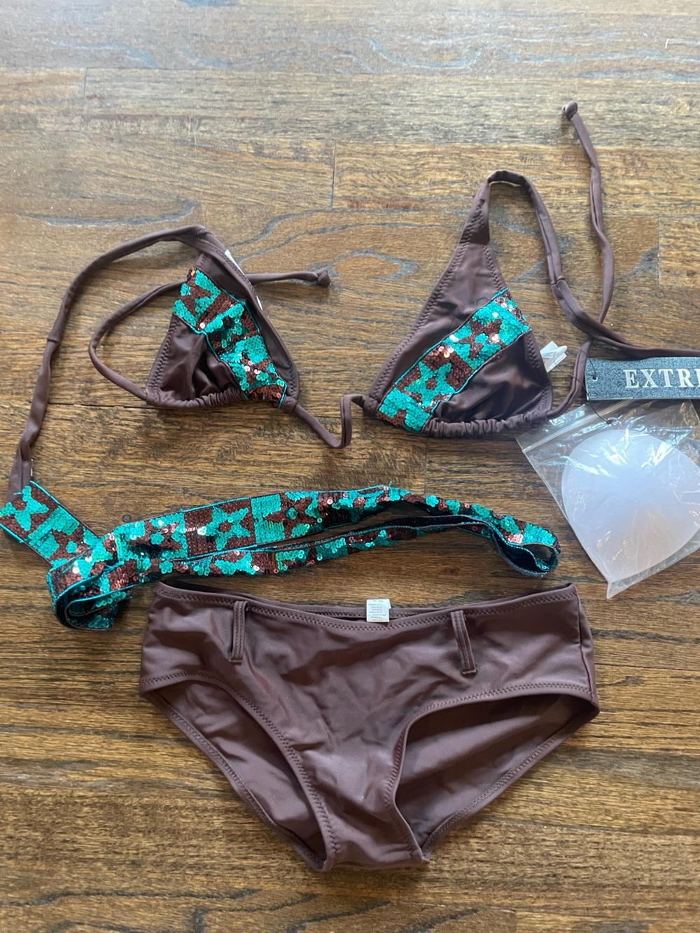 Brown Bikini Set with Turquoise & Copper Sequin Accents